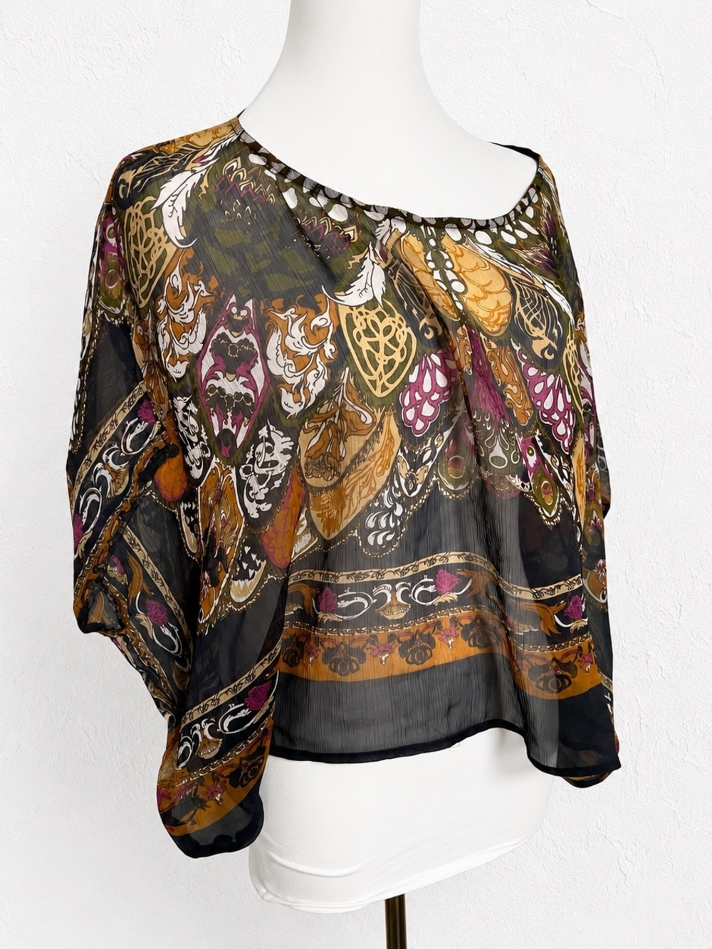 Boho Sheer Paisley Poncho Blouse Batwing Sleeve Festival Top OS